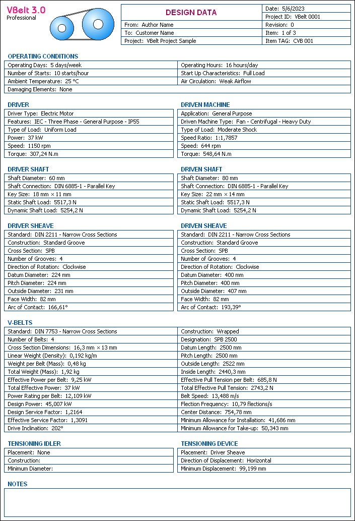 Report of Design Data - V-Belt Software