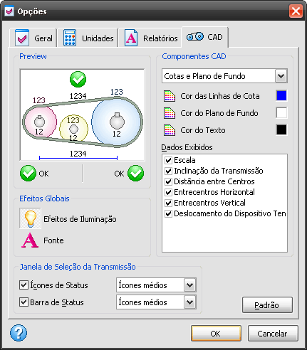 Opções de Configuração - CAD - Software de Correntes de Transmissão