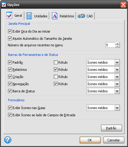 Opções de Configuração - Geral - Software de Correias Sincronizadoras