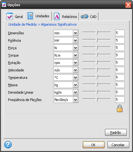 Opções de Configuração - Unidades - Software de Correntes de Transmissão