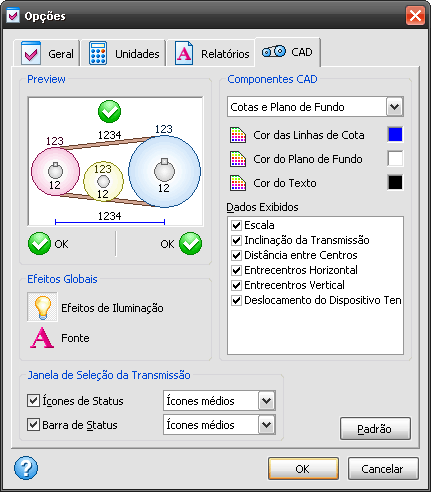 Opções de Configuração - CAD - Software de Correias Sincronizadoras