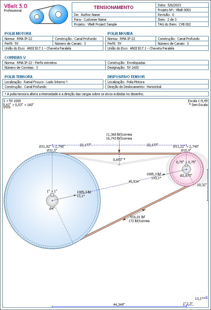 Desenho de Montagem e Tensionamento - Software de Correias V